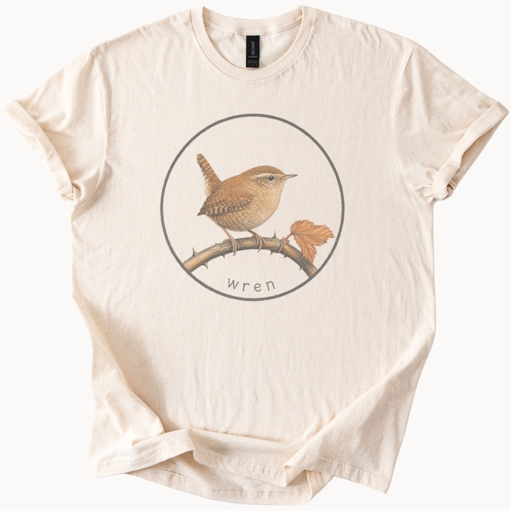 Wren Perched on Thorny Branch Circular Badge Tee